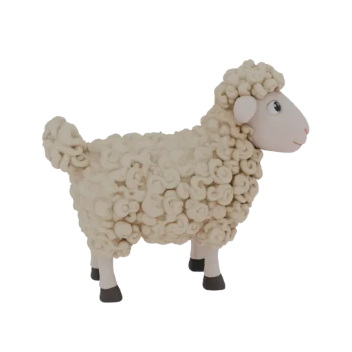 3D модель овцы с кудряшками, стоящей на четырех ногах, с бежевой шерстью и розовой мордочкой.