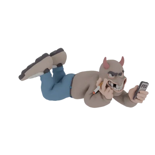 3D модель глиняного персонажа-дьявола, лежащего, курящего сигарету и держащего телефон, с красными рожками и синими штанами.
