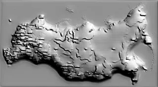 3D модель барельефа России с рельефными границами, отображающая контуры страны и ее внутреннее деление.