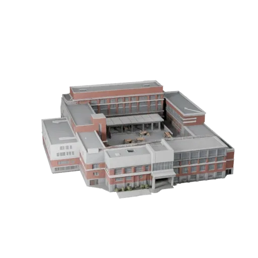 Реалистичная 3D модель здания школы, вид с трех четвертей снаружи, показывающий материалы общедоступного здания и архитектурн