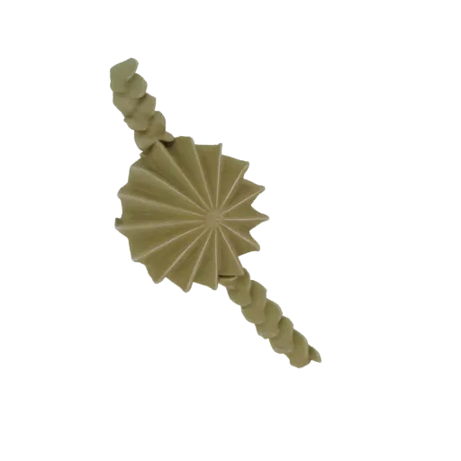 3D модель витиеватого светло-коричневого веерного орнамента с изящным витым хвостом на черном фоне.