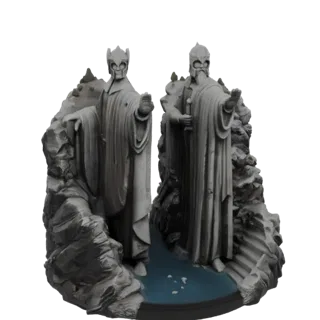 3D модель статуй Аргоната, два древних короля, высеченных в камне, стоящих в реке со скалистыми берегами.