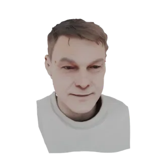 3D модель мужчины с короткими каштановыми волосами и светло-серым свитером, смотрящего вниз с легкой улыбкой.