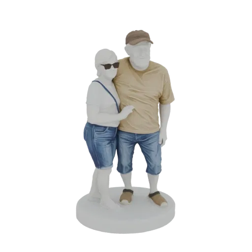 3D модель пары, женщина в джинсовом комбинезоне, мужчина в футболке и шортах, стоят вместе.
