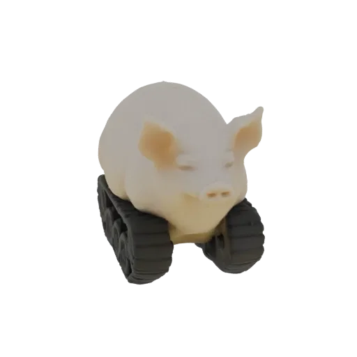 Рендер 3D модели светлокожей свиньи с закрытыми глазами, сидящей на черных танковых гусеницах на черном фоне.