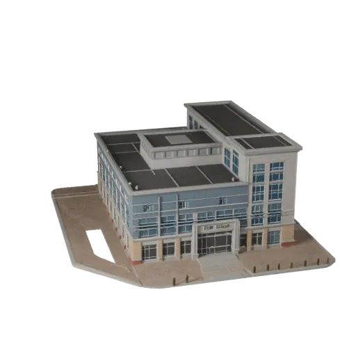 Низкополигональная 3D модель пожарной станции, готовая для игр, вид снаружи, показывающий материалы общедоступного здания и а