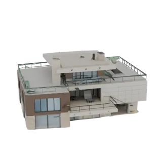 3D модель современной роскошной виллы с белым и коричневым экстерьером, большими стеклянными окнами и множеством балконов.