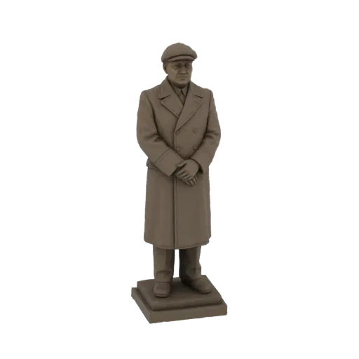 Рендер 3D модели мужчины в плаще и кепке, стоящего со сложенными руками.
