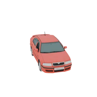 3D модель кораллово-красного хэтчбека-седана, вид спереди с трех четвертей.