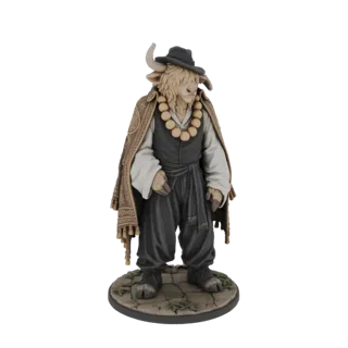 3D model of an anthropomorphic Yak warrior wearing a hat and shawl, standing on a stone base.