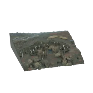 3D модель фэнтезийного диорамного ландшафта с древними руинами, разбросанными камнями и многочисленными острыми белыми структ