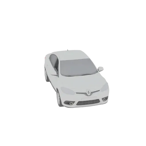 3D модель белого седана Renault Fluence, вид с немного приподнятого передне-левого ракурса на простом фоне.