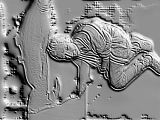 3D модель барельефа молящегося человека в полосатой одежде, вид сбоку