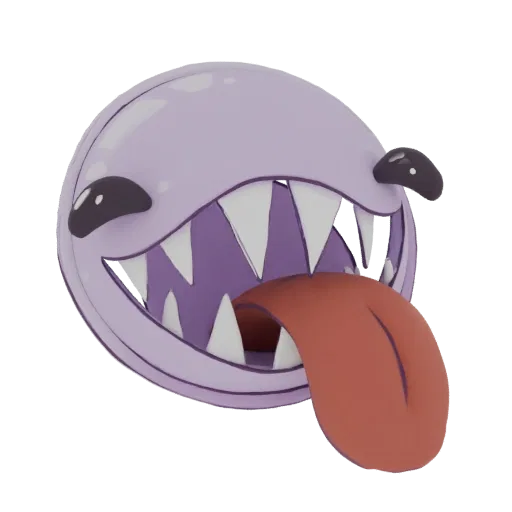 3D model of a cartoonish purple ghost with a wide mouth, sharp teeth, and a large red tongue sticking out, against a black ba