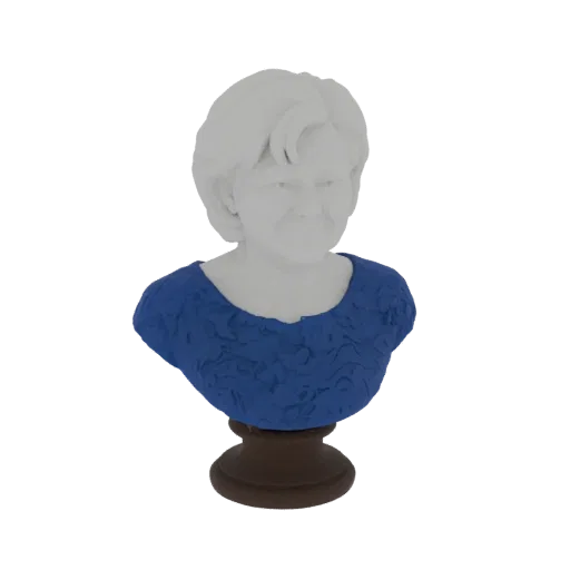 Рендер 3D модели белого бюста женщины с короткими волосами, в текстурированном синем платье, на коричневом постаменте.