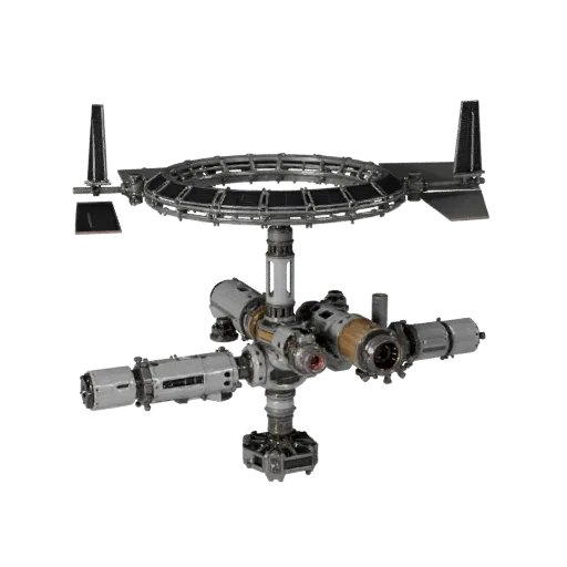 Модульная 3D-модель орбитальной космической станции, изометрический вид, показывающий металлические модули, модульную компоно