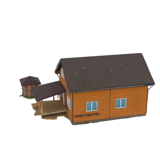 3D модель уютного оранжевого деревянного дома с крытым крыльцом и отдельно стоящей беседкой на белом фоне.
