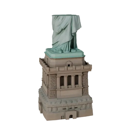 Высокополигональная 3D модель статуи Свободы, крупный план архитектурного рендера, показывающий материалы структуры достоприм
