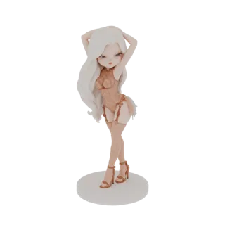 3D модель очаровательной куклы с белыми волосами, одетой в замысловатое белье и туфли на высоком каблуке, элегантно расположе