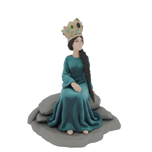 3D модель королевы с короной из драгоценных камней, сидящей на серых камнях, в бирюзовом платье.