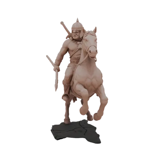 Рендер 3D модели варвара в шлеме и доспехах, на коне с копьем, на скалистом основании.
