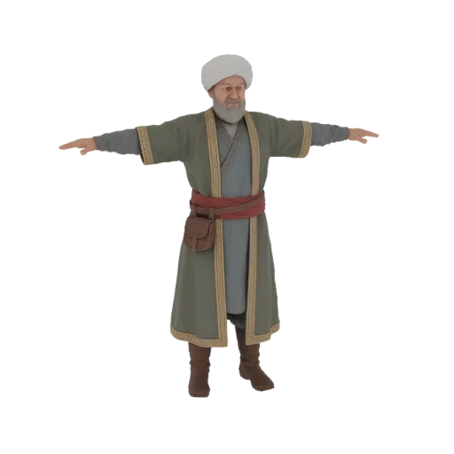 3D модель средневекового ученого в тюрбане и халате, стоящего в T-позе.