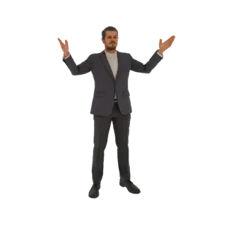 3D model of a man in a dark suit, standing with arms outstretched in a presenting gesture, against a white background.