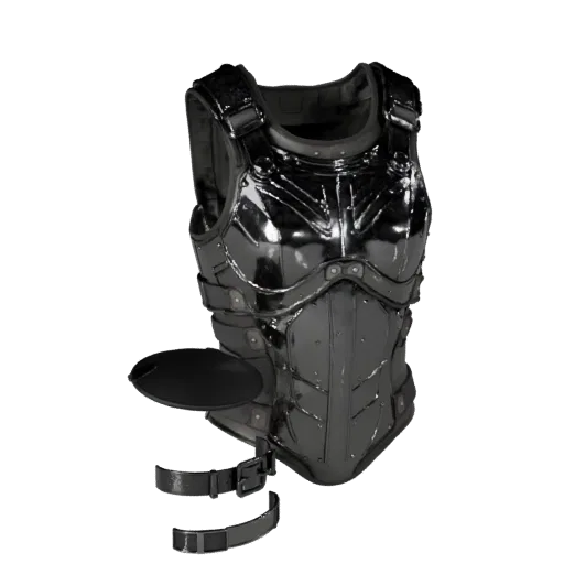 Тактический нагрудник Печатная 3D-модель, изометрический рендер STL, показывающий металлические пластины, силуэт носимой защи