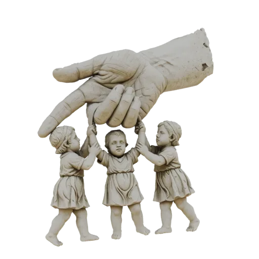 3D model of a sculpture showing three children holding up a large, textured hand against a white background.
