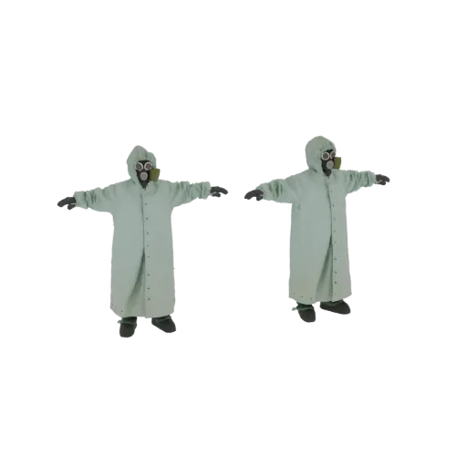 Превью 3D модели двух фигур в светло-зеленых костюмах химзащиты с противогазами, стоящих в T-позе на черном фоне.