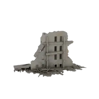 3D-модель разрушенного здания со сломанными стенами, открытыми балками и разбросанными обломками на белом фоне.