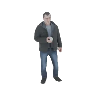 Рендер 3D модели мужчины в темной куртке и синих джинсах, держащего белую чашку кофе.