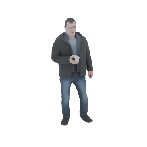 3D модель мужчины в темной куртке и синих джинсах, держащего белую чашку кофе.