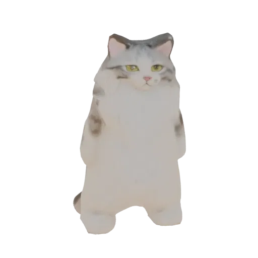 3D модель пушистого бело-серого полосатого кота, стоящего на задних лапах с желтыми глазами.