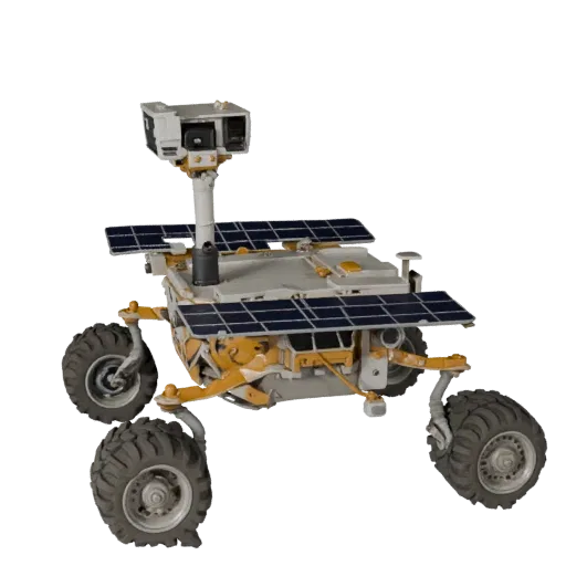 Реалистичная 3D-модель Лунного планетарного ровера, трехчетвертной студийный рендер, показывающий пыльные колеса, положение т