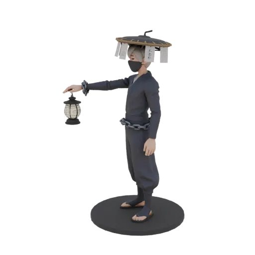 3D модель Эльфа в маске и с фонарем, держащего фонарь, обвитого цепями, стоящего на платформе