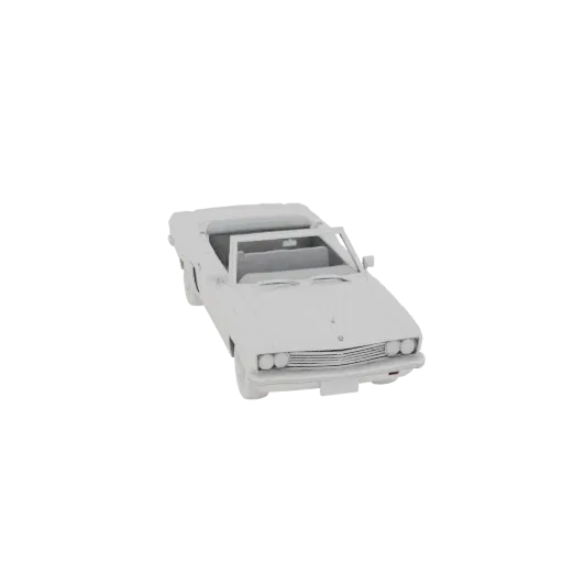 Белая низкополигональная 3D модель кабриолета маслкара 1960-х с опущенным верхом, вид с трехчетвертного переднего ракурса.