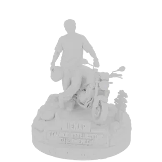 3D model of a motorcycle rider holding a helmet, standing next to a motorcycle on a rocky base with text.