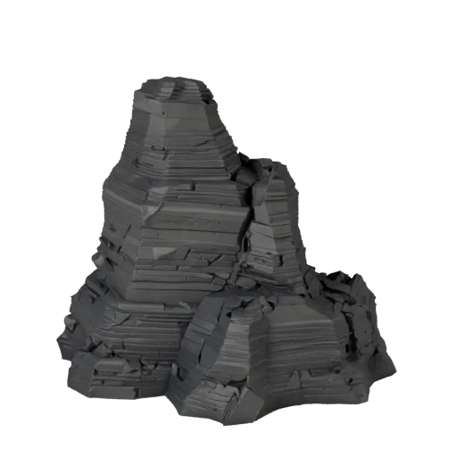 Низкополигональная 3D-модель вулканических обсидиановых камней, вид в игровом вьюпорте с трех четвертей, показывающий слоисты