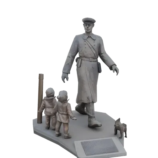 3D модель памятника Дяде Стёпе, изображающая высокую фигуру милиционера, идущего с двумя детьми и маленькой собакой.