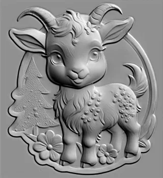 3D модель барельефа с милым козленком, цветами и елью, выполненная в сером цвете