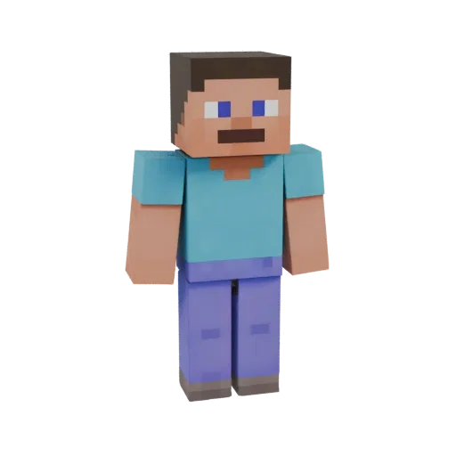 3D модель персонажа Стив из игры Minecraft, стоящего на белом фоне