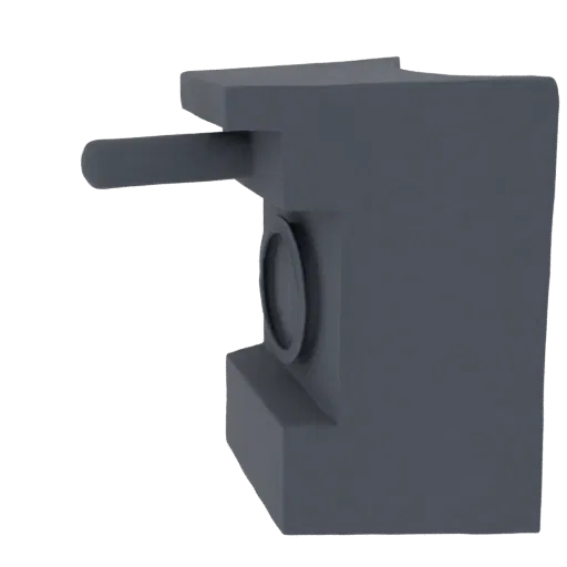 Вид сбоку на минималистичную темно-серую 3D модель кофеварки с гладкой встроенной ручкой и круглым элементом спереди.