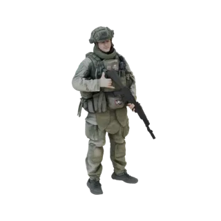 3D модель современного солдата в тактическом снаряжении, держащего винтовку и показывающего большой палец вверх.