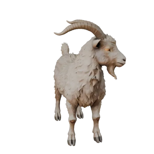 Низкополигональная 3D модель козы, вид сбоку игровой камеры, низкополигональный ассет животного с направлением шерсти, формам