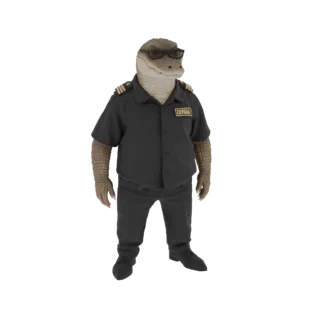 3D модель аллигатора в солнцезащитных очках и форме охранника, стоящего на страже.