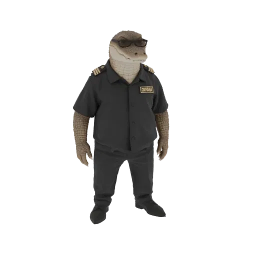 3D модель аллигатора в солнцезащитных очках и форме охранника, стоящего на страже.
