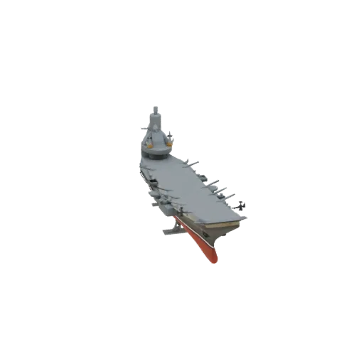 3D модель современного авианосца с серой полетной палубой и красной ватерлинией, вид сверху.