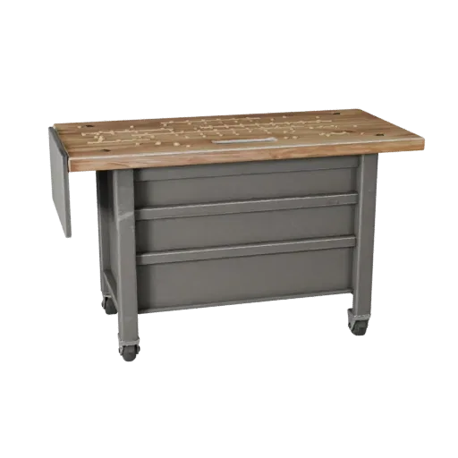 3D-модель Maker Workbench, трехчетвертной студийный рендер продукта, показывающий стальные рамы, устойчивые крепления.