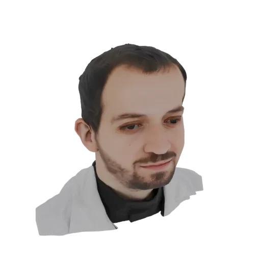 Рендер 3D модели мужчины в белом лабораторном халате, смотрящего немного в сторону.